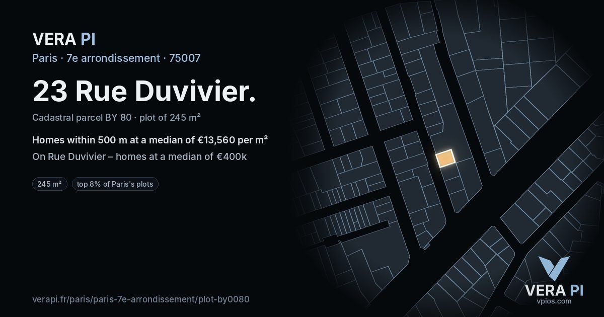 23 Rue Duvivier, 7e arrondissement at night – the plot lit, the parcels around coloured by the prices near them