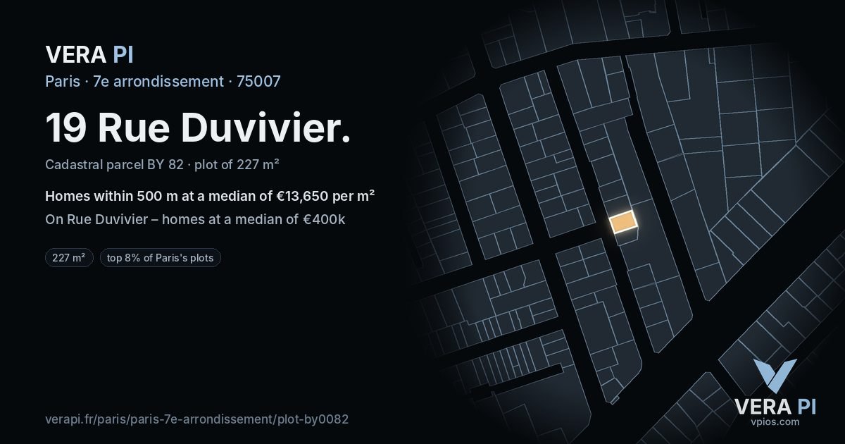 19 Rue Duvivier, 7e arrondissement at night – the plot lit, the parcels around coloured by the prices near them