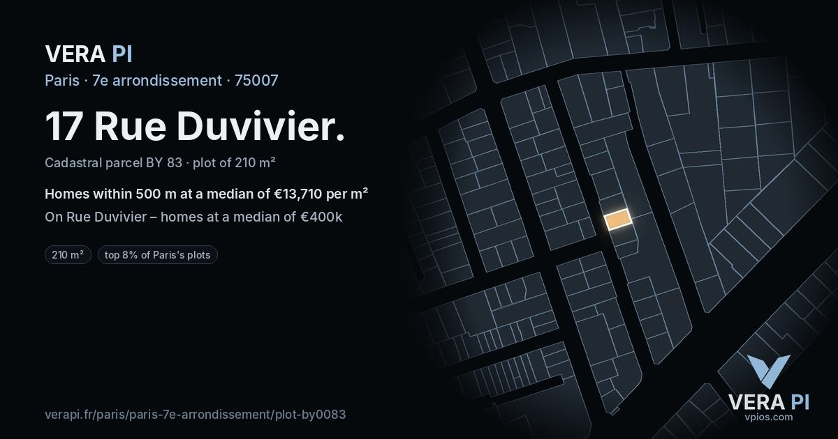 17 Rue Duvivier, 7e arrondissement at night – the plot lit, the parcels around coloured by the prices near them
