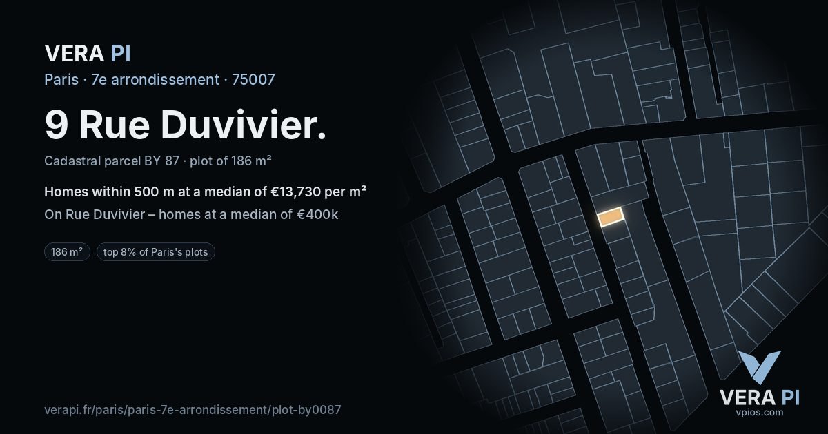 9 Rue Duvivier, 7e arrondissement at night – the plot lit, the parcels around coloured by the prices near them