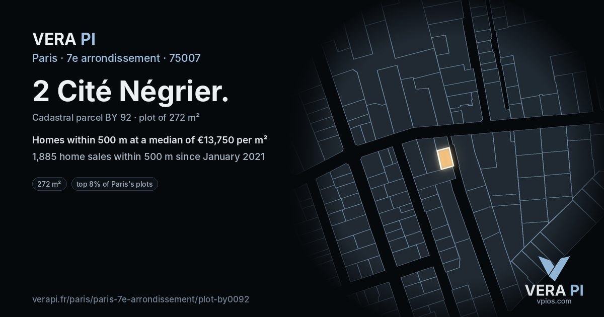 2 Cité Négrier, 7e arrondissement at night – the plot lit, the parcels around coloured by the prices near them