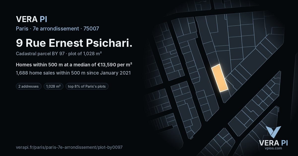 9 Rue Ernest Psichari, 7e arrondissement at night – the plot lit, the parcels around coloured by the prices near them
