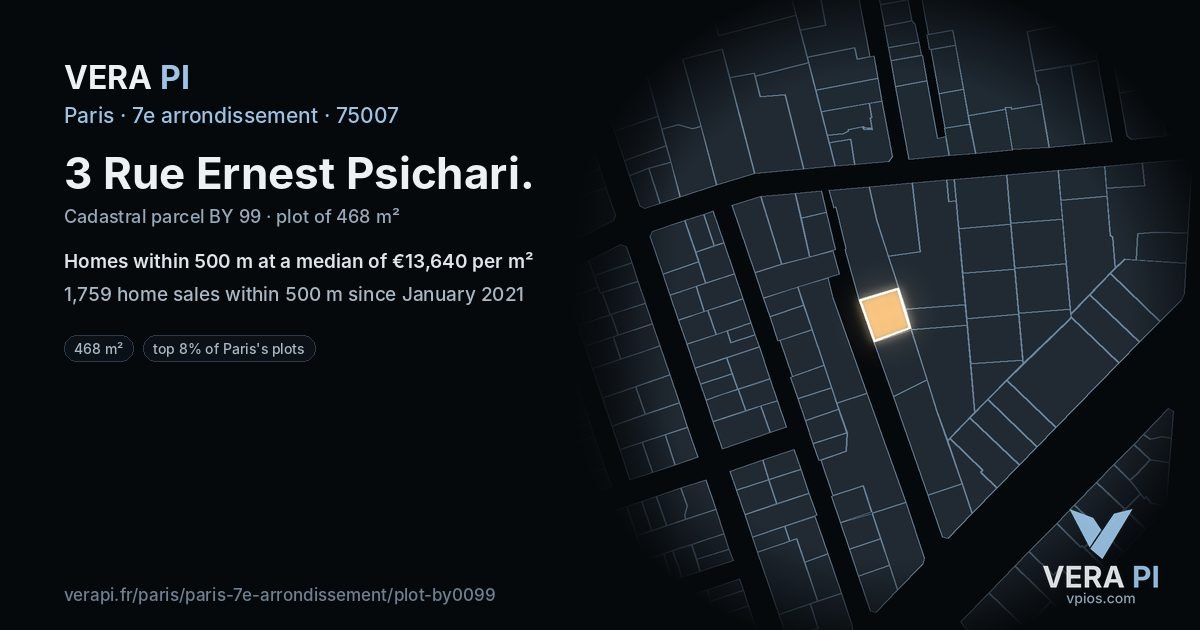 3 Rue Ernest Psichari, 7e arrondissement at night – the plot lit, the parcels around coloured by the prices near them