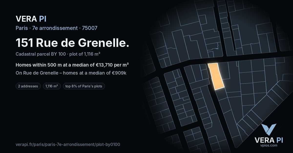 151 Rue de Grenelle, 7e arrondissement at night – the plot lit, the parcels around coloured by the prices near them
