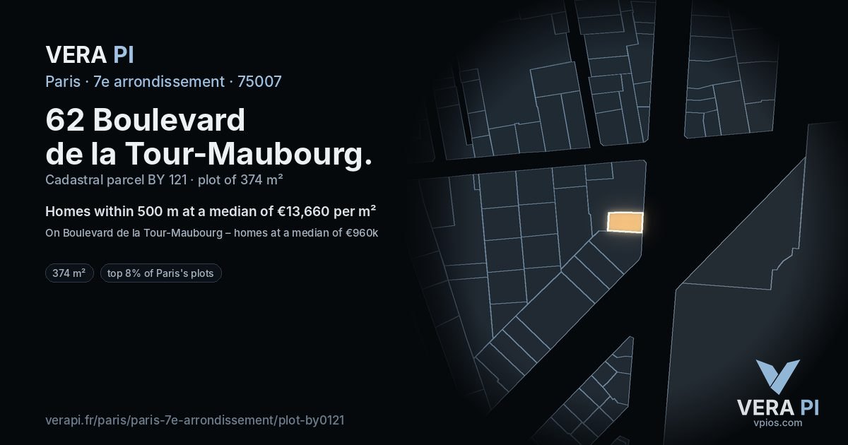 62 Boulevard de la Tour-Maubourg, 7e arrondissement at night – the plot lit, the parcels around coloured by the prices near them