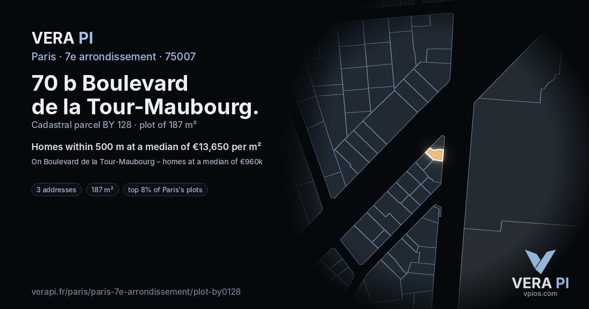 70 b Boulevard de la Tour-Maubourg, 7e arrondissement at night – the plot lit, the parcels around coloured by the prices near them