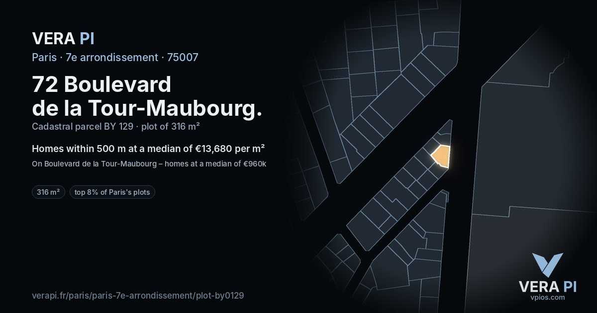 72 Boulevard de la Tour-Maubourg, 7e arrondissement at night – the plot lit, the parcels around coloured by the prices near them