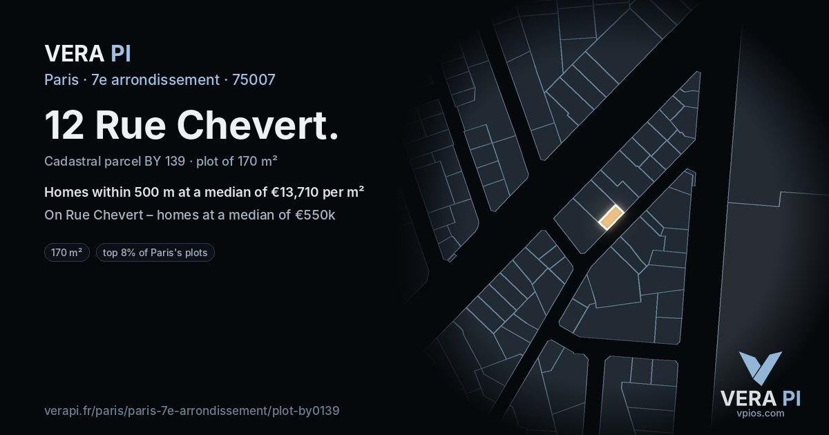 12 Rue Chevert, 7e arrondissement at night – the plot lit, the parcels around coloured by the prices near them