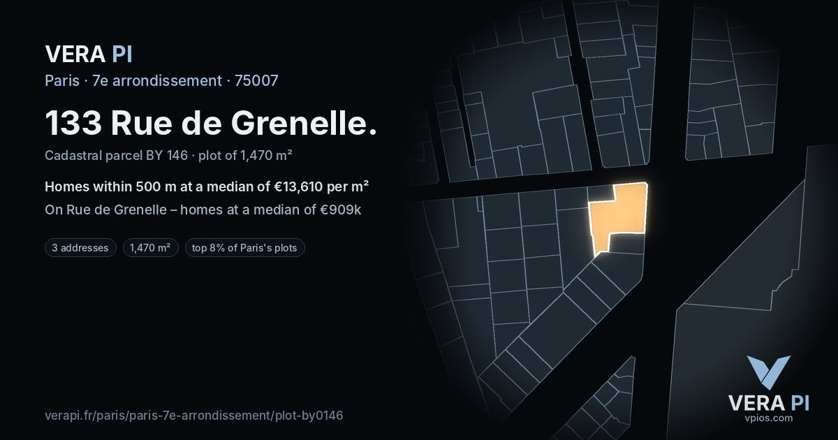 133 Rue de Grenelle, 7e arrondissement at night – the plot lit, the parcels around coloured by the prices near them