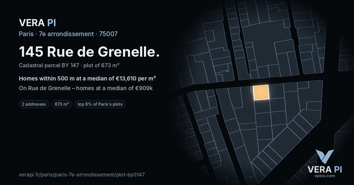 145 Rue de Grenelle, 7e arrondissement at night – the plot lit, the parcels around coloured by the prices near them