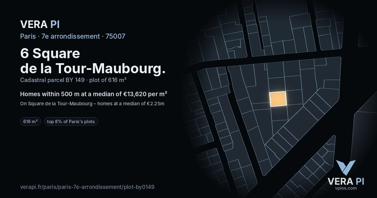6 Square de la Tour-Maubourg, 7e arrondissement at night – the plot lit, the parcels around coloured by the prices near them