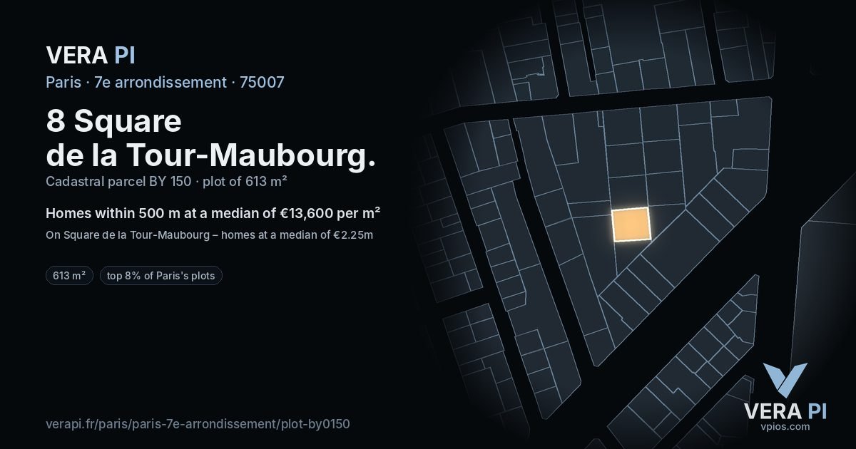 8 Square de la Tour-Maubourg, 7e arrondissement at night – the plot lit, the parcels around coloured by the prices near them
