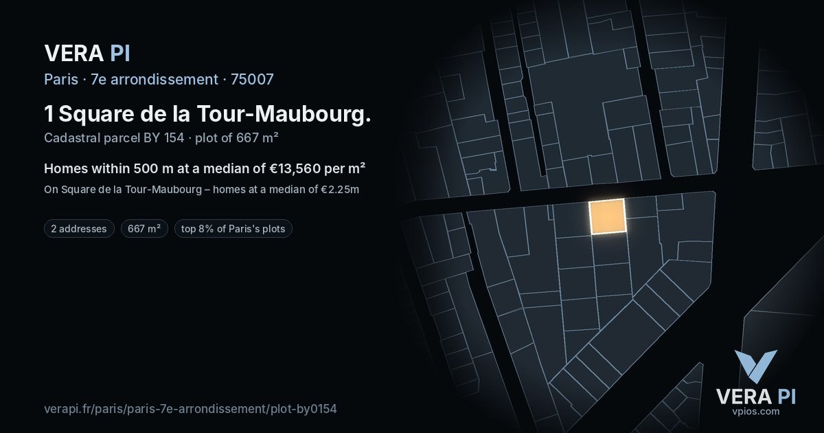 1 Square de la Tour-Maubourg, 7e arrondissement at night – the plot lit, the parcels around coloured by the prices near them