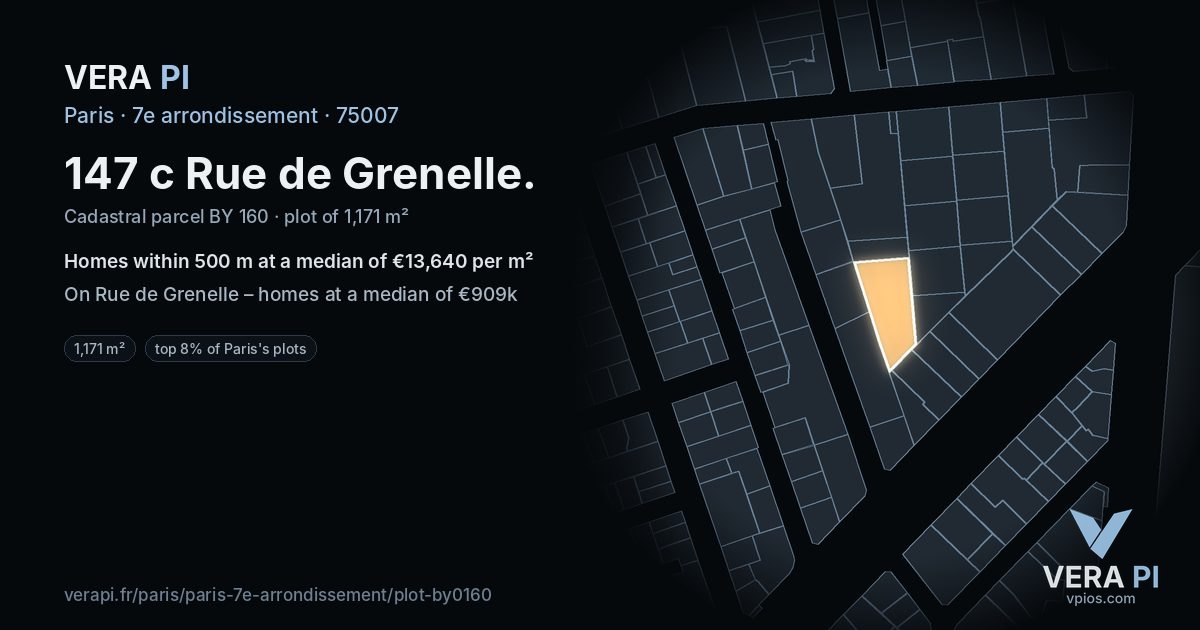 147 c Rue de Grenelle, 7e arrondissement at night – the plot lit, the parcels around coloured by the prices near them