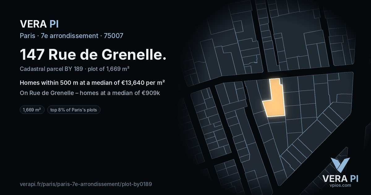 147 Rue de Grenelle, 7e arrondissement at night – the plot lit, the parcels around coloured by the prices near them