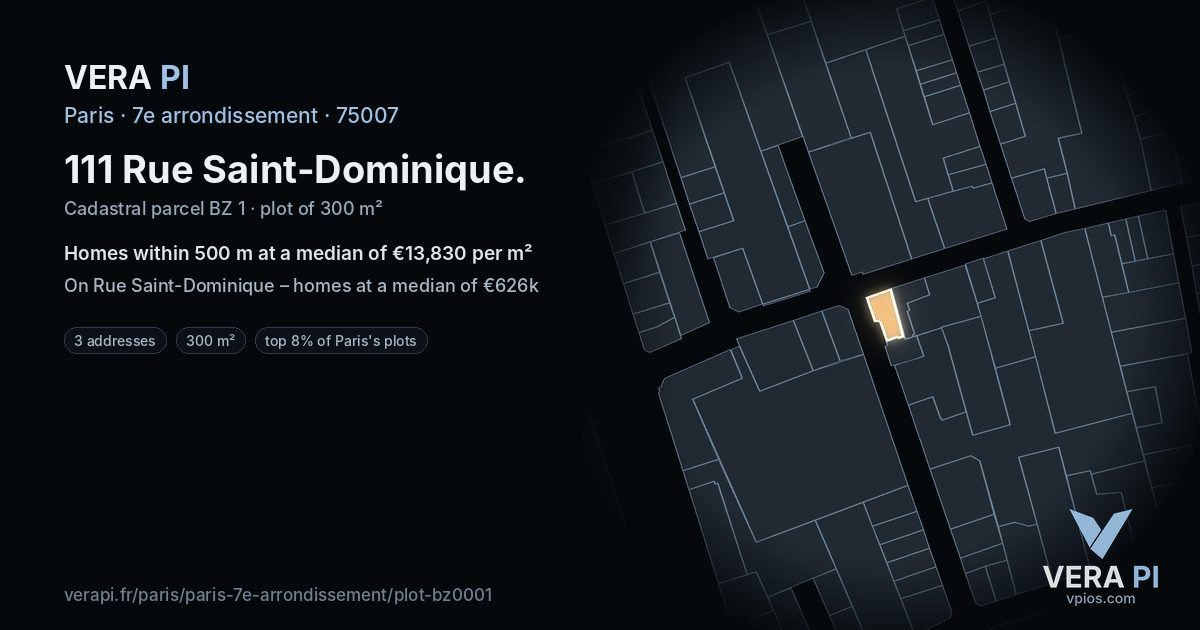 111 Rue Saint-Dominique, 7e arrondissement at night – the plot lit, the parcels around coloured by the prices near them