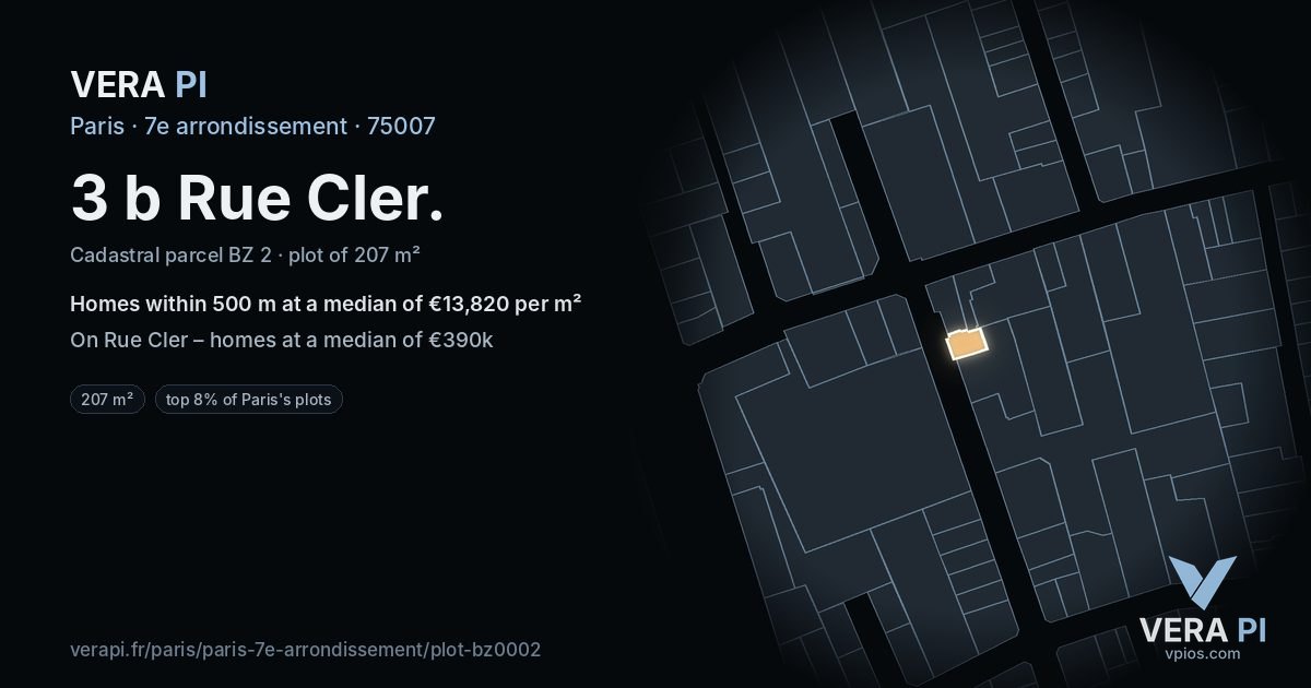 3 b Rue Cler, 7e arrondissement at night – the plot lit, the parcels around coloured by the prices near them