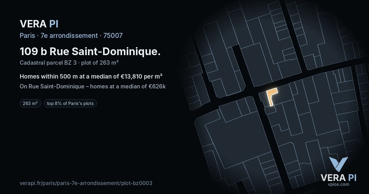 109 b Rue Saint-Dominique, 7e arrondissement at night – the plot lit, the parcels around coloured by the prices near them