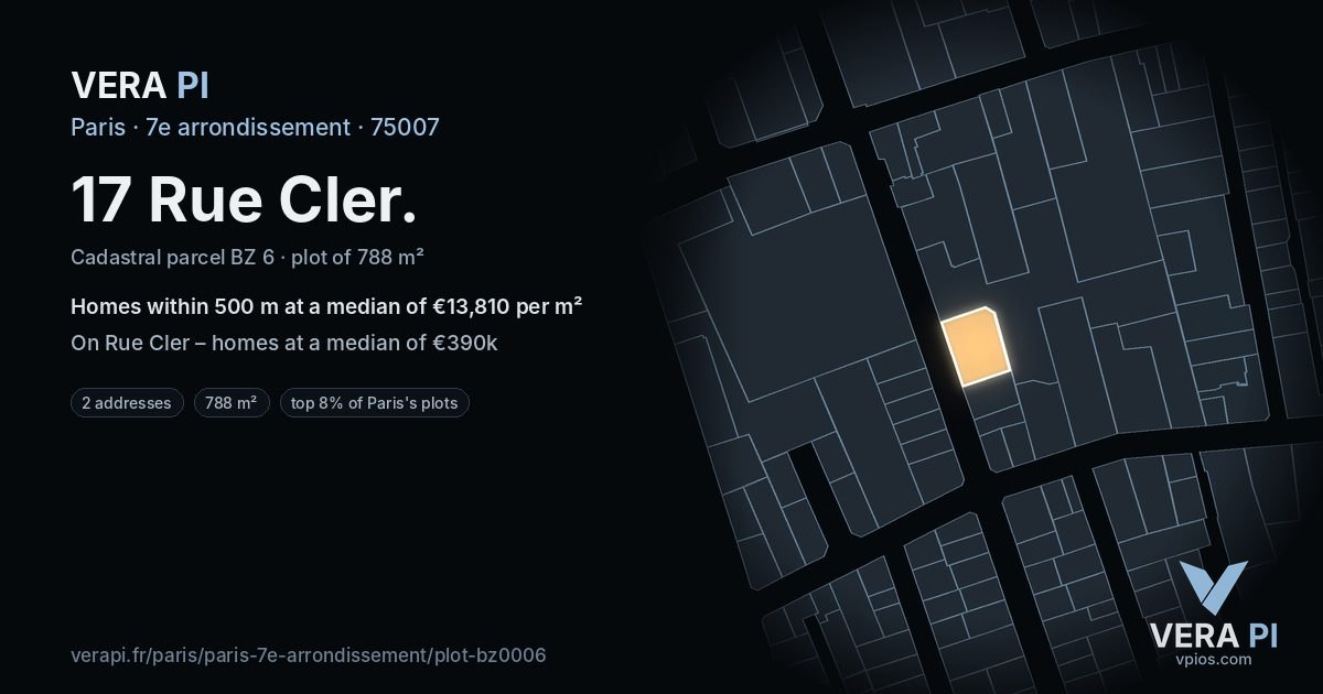 17 Rue Cler, 7e arrondissement at night – the plot lit, the parcels around coloured by the prices near them