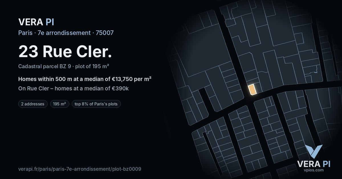 23 Rue Cler, 7e arrondissement at night – the plot lit, the parcels around coloured by the prices near them