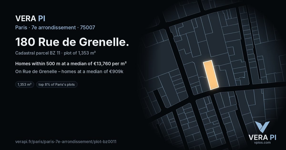 180 Rue de Grenelle, 7e arrondissement at night – the plot lit, the parcels around coloured by the prices near them