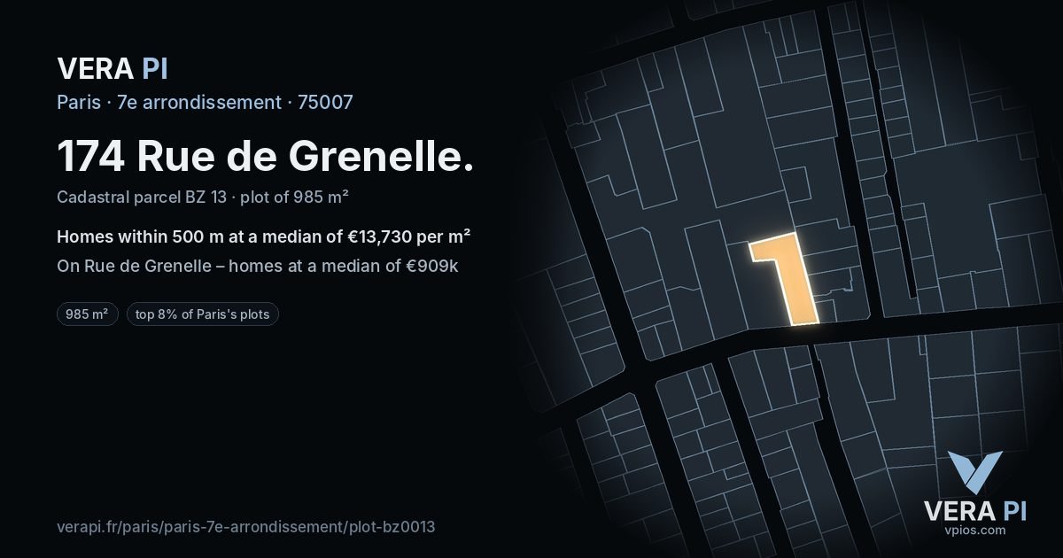 174 Rue de Grenelle, 7e arrondissement at night – the plot lit, the parcels around coloured by the prices near them