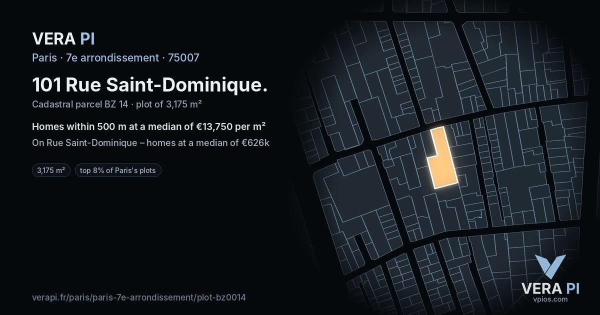 101 Rue Saint-Dominique, 7e arrondissement at night – the plot lit, the parcels around coloured by the prices near them