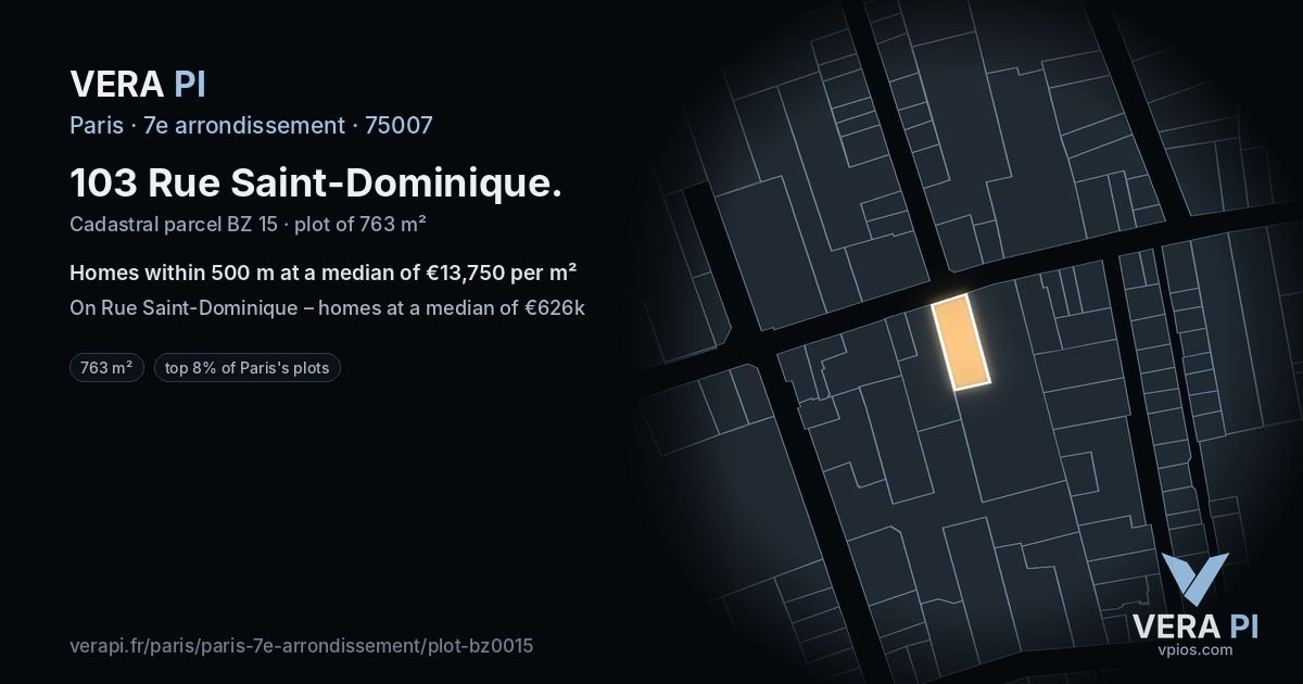 103 Rue Saint-Dominique, 7e arrondissement at night – the plot lit, the parcels around coloured by the prices near them