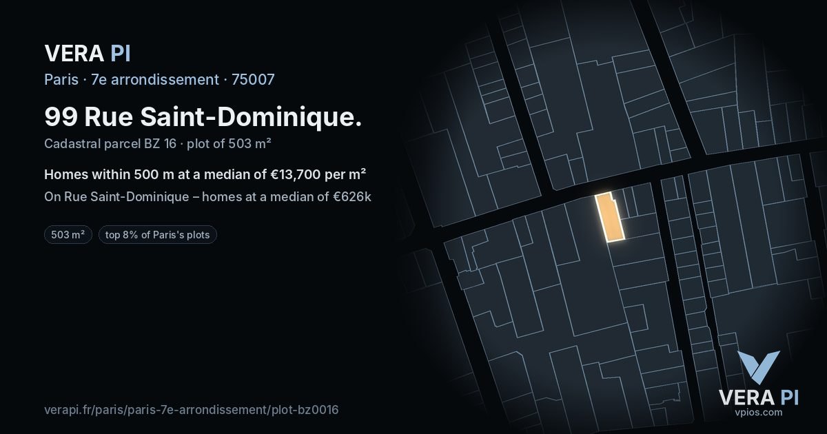 99 Rue Saint-Dominique, 7e arrondissement at night – the plot lit, the parcels around coloured by the prices near them