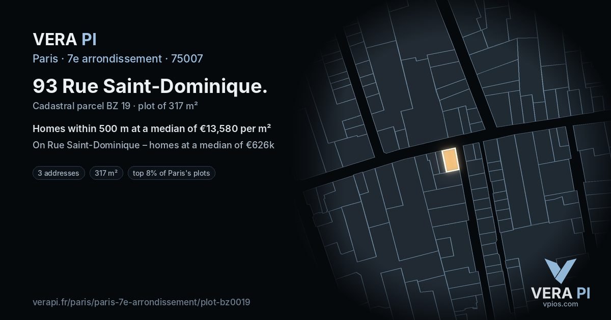 93 Rue Saint-Dominique, 7e arrondissement at night – the plot lit, the parcels around coloured by the prices near them