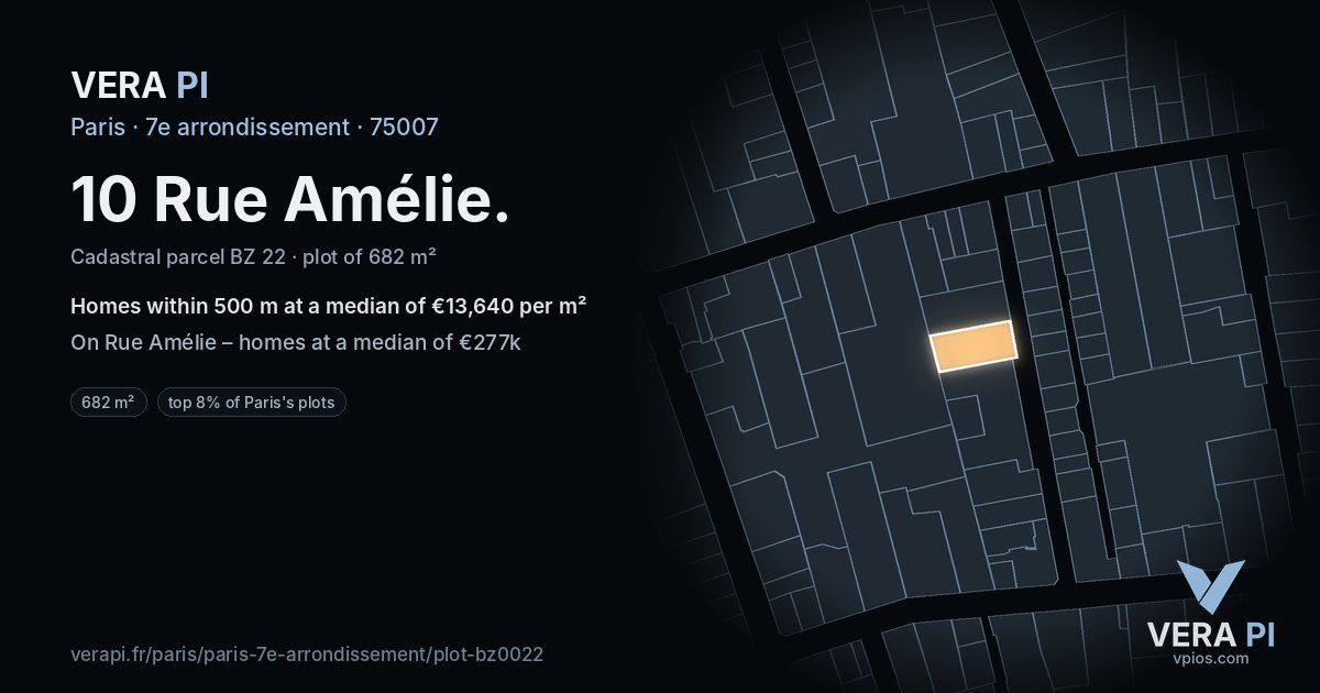 10 Rue Amélie, 7e arrondissement at night – the plot lit, the parcels around coloured by the prices near them