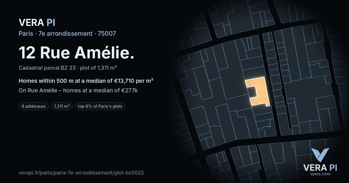12 Rue Amélie, 7e arrondissement at night – the plot lit, the parcels around coloured by the prices near them