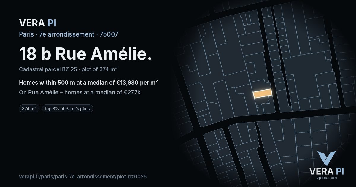 18 b Rue Amélie, 7e arrondissement at night – the plot lit, the parcels around coloured by the prices near them