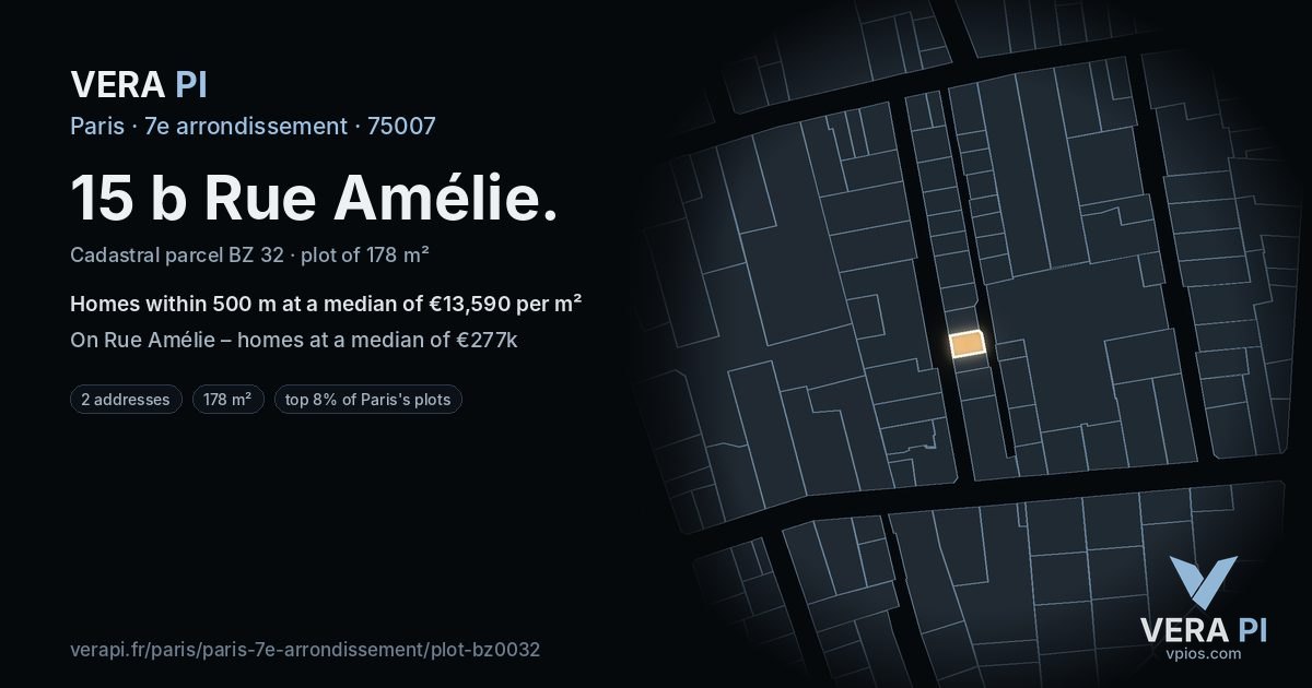 15 b Rue Amélie, 7e arrondissement at night – the plot lit, the parcels around coloured by the prices near them