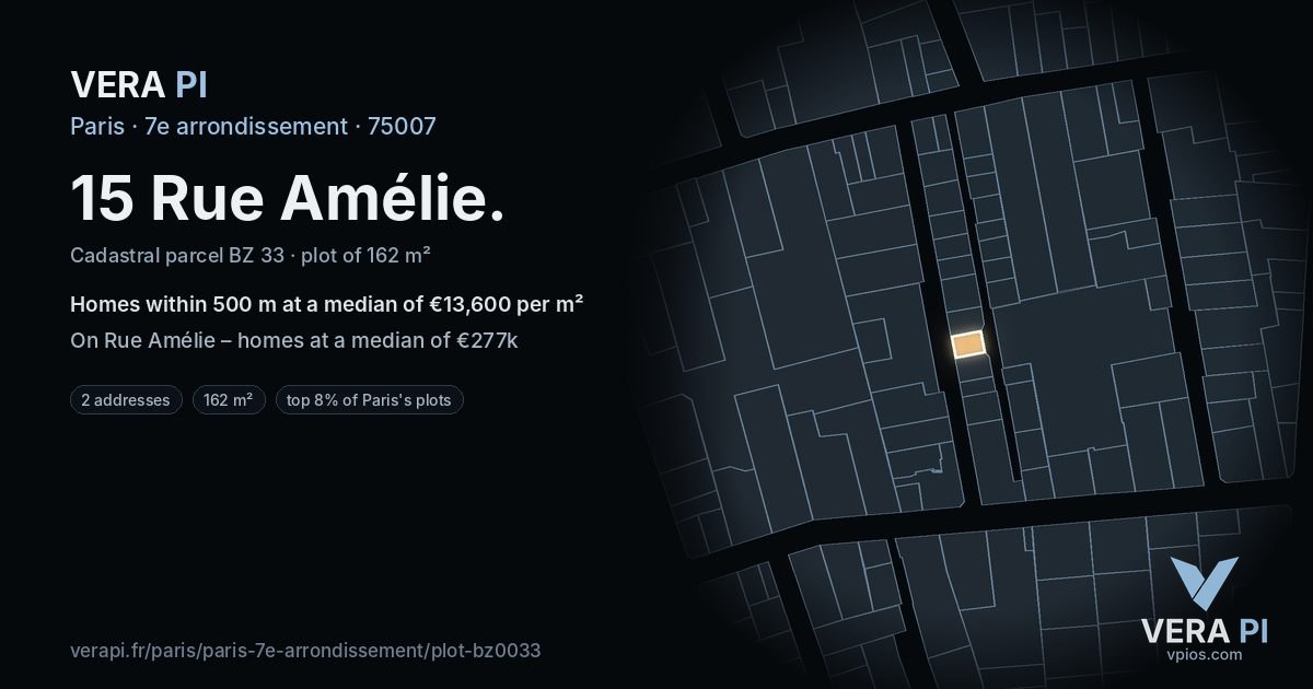 15 Rue Amélie, 7e arrondissement at night – the plot lit, the parcels around coloured by the prices near them