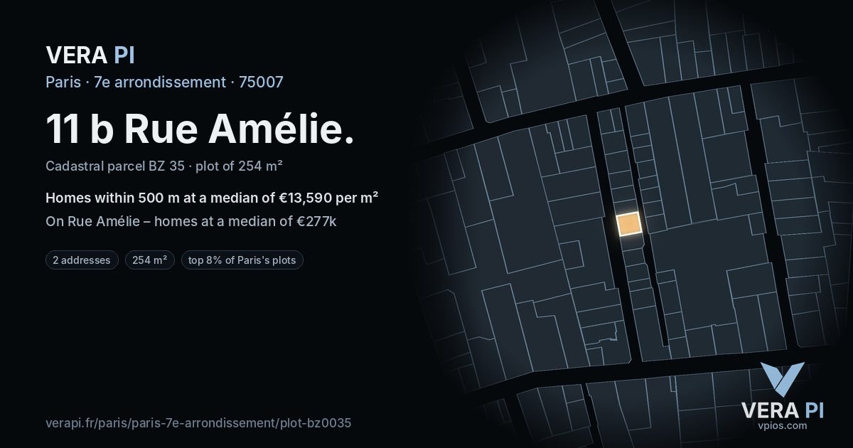 11 b Rue Amélie, 7e arrondissement at night – the plot lit, the parcels around coloured by the prices near them
