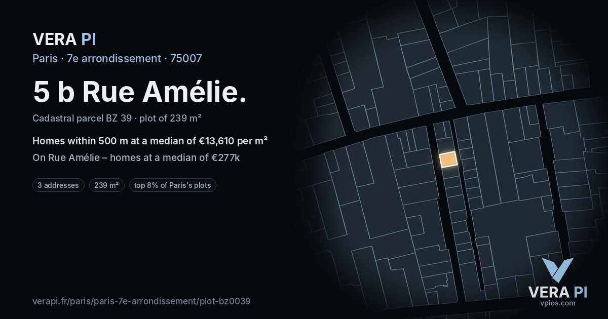 5 b Rue Amélie, 7e arrondissement at night – the plot lit, the parcels around coloured by the prices near them