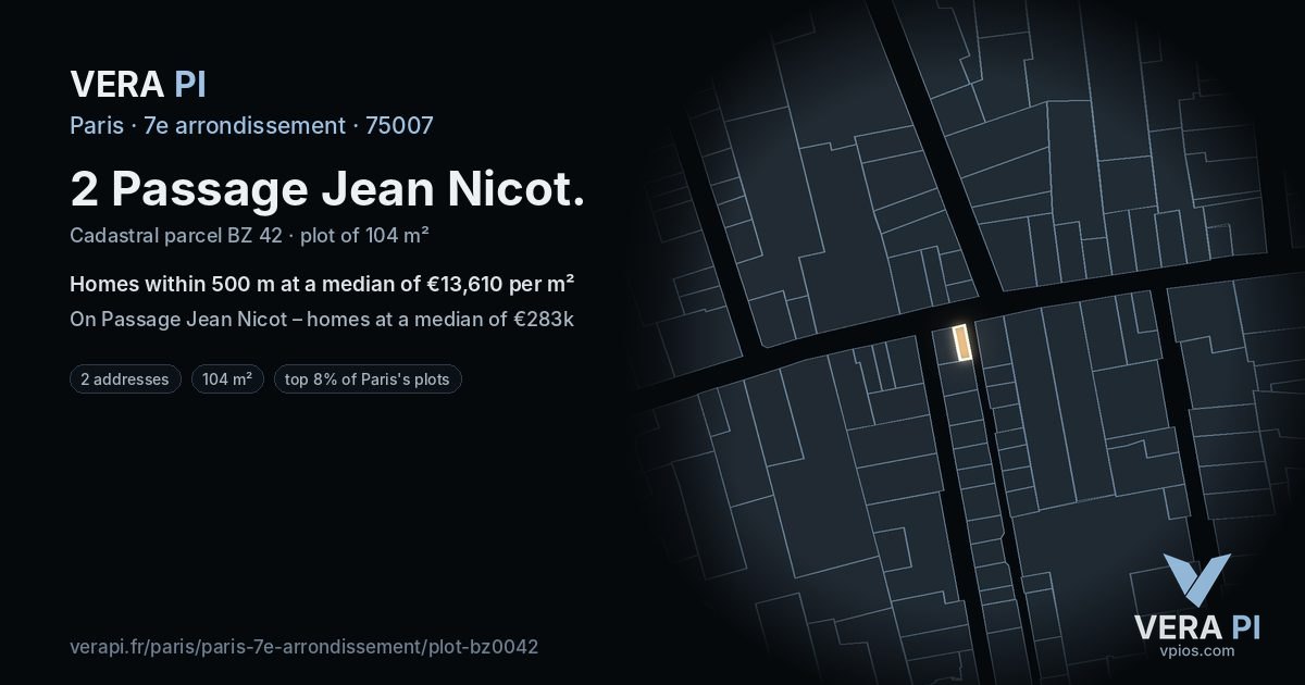 2 Passage Jean Nicot, 7e arrondissement at night – the plot lit, the parcels around coloured by the prices near them