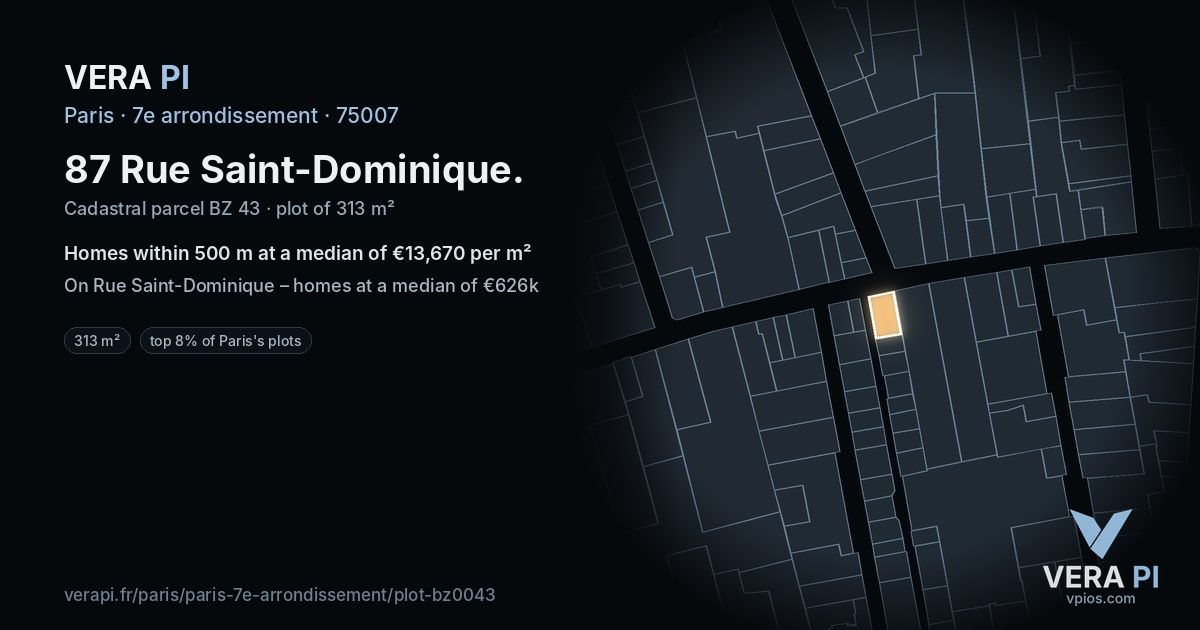 87 Rue Saint-Dominique, 7e arrondissement at night – the plot lit, the parcels around coloured by the prices near them