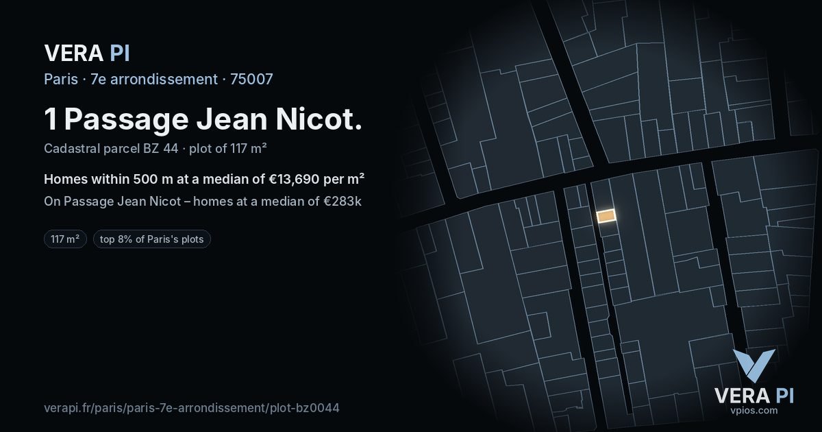 1 Passage Jean Nicot, 7e arrondissement at night – the plot lit, the parcels around coloured by the prices near them