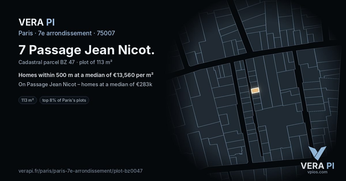7 Passage Jean Nicot, 7e arrondissement at night – the plot lit, the parcels around coloured by the prices near them