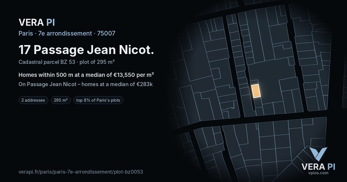 17 Passage Jean Nicot, 7e arrondissement at night – the plot lit, the parcels around coloured by the prices near them