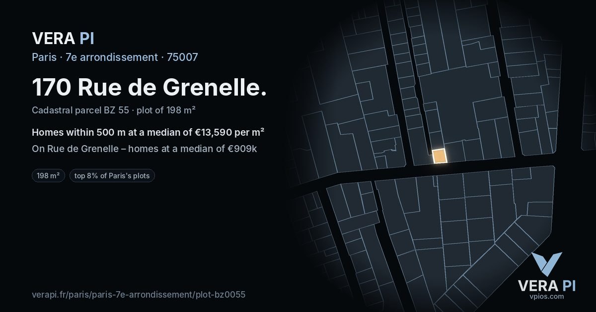 170 Rue de Grenelle, 7e arrondissement at night – the plot lit, the parcels around coloured by the prices near them