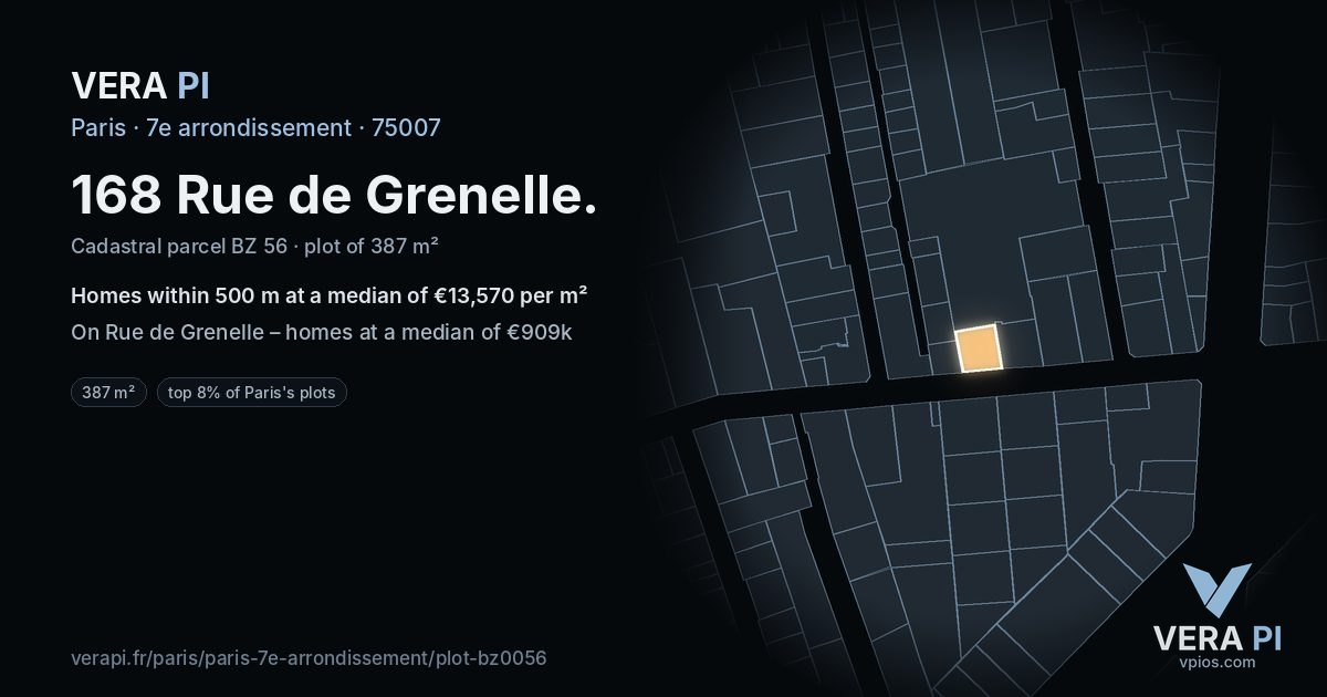 168 Rue de Grenelle, 7e arrondissement at night – the plot lit, the parcels around coloured by the prices near them