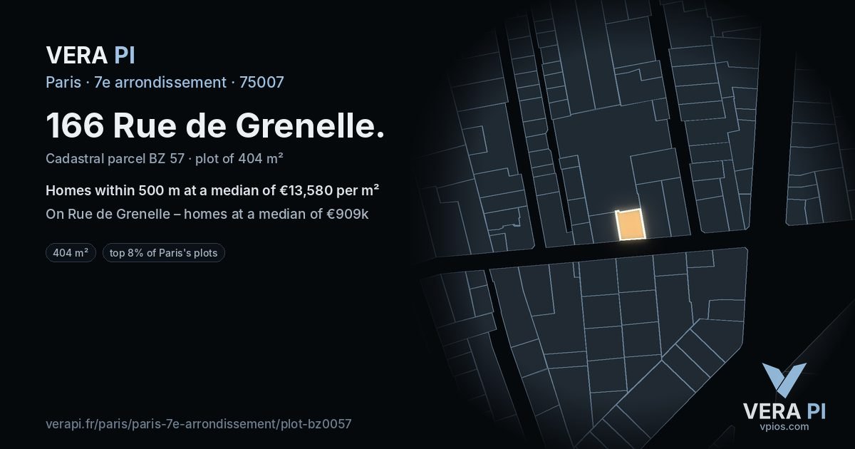 166 Rue de Grenelle, 7e arrondissement at night – the plot lit, the parcels around coloured by the prices near them