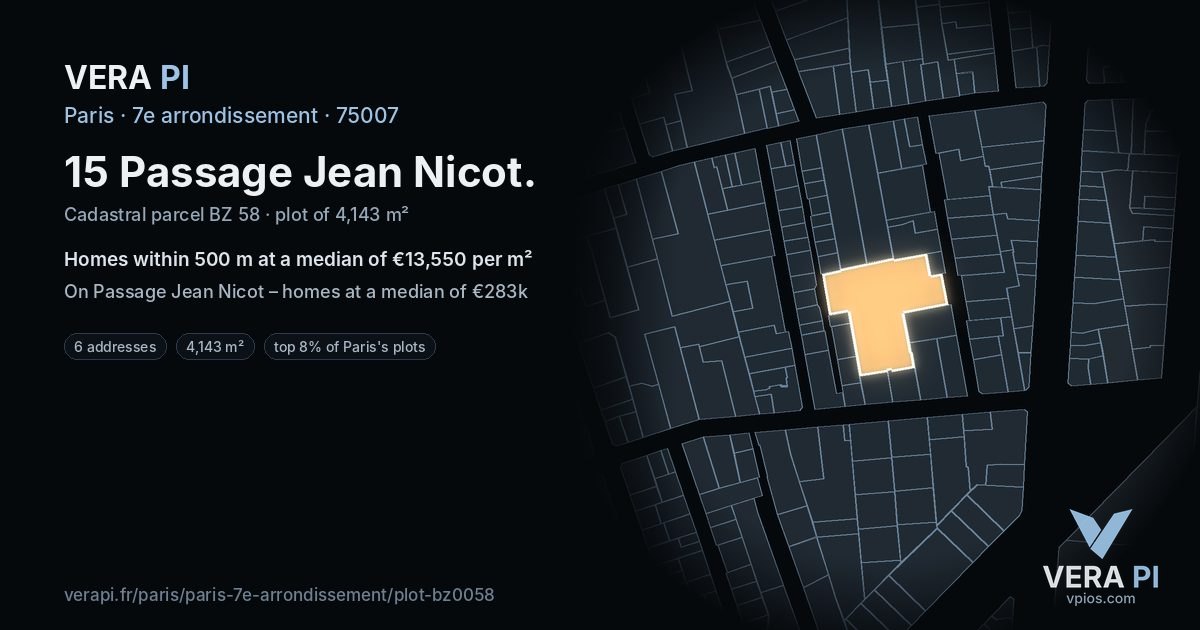 15 Passage Jean Nicot, 7e arrondissement at night – the plot lit, the parcels around coloured by the prices near them