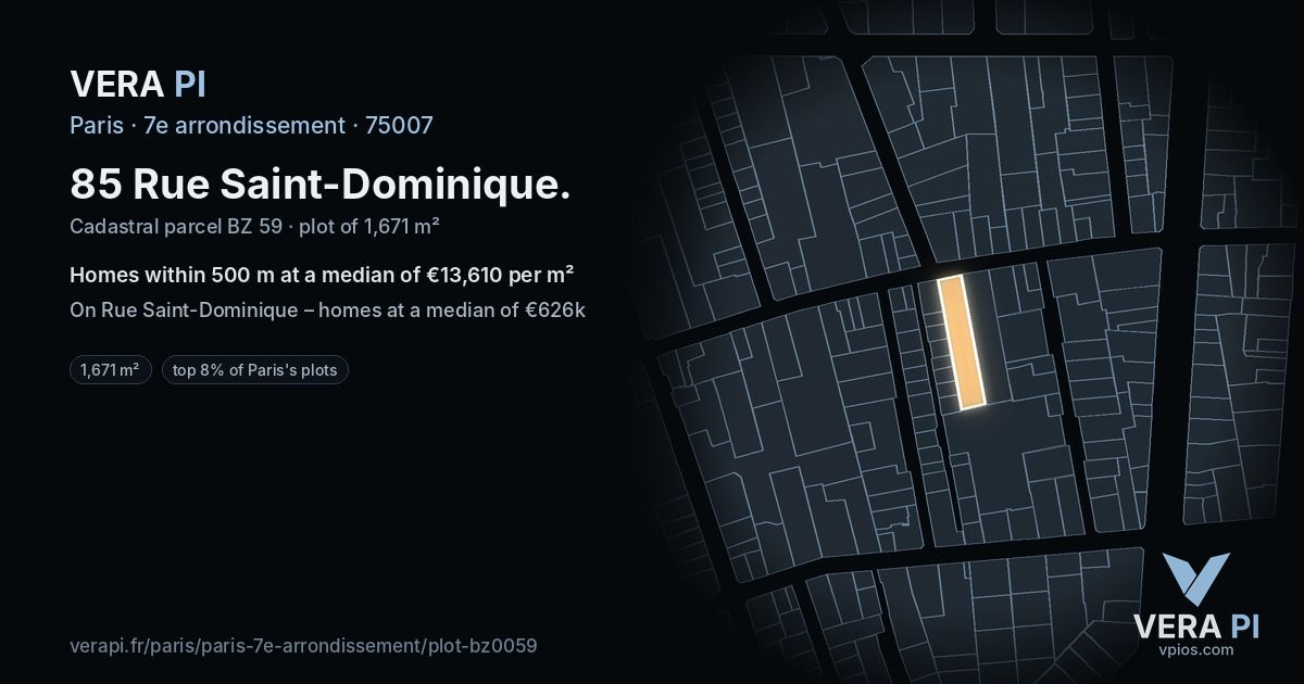 85 Rue Saint-Dominique, 7e arrondissement at night – the plot lit, the parcels around coloured by the prices near them