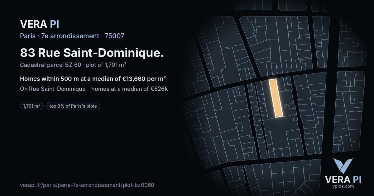 83 Rue Saint-Dominique, 7e arrondissement at night – the plot lit, the parcels around coloured by the prices near them