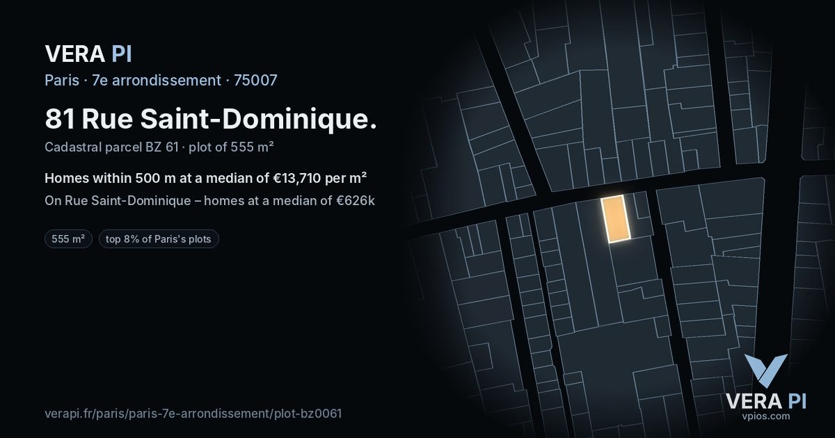 81 Rue Saint-Dominique, 7e arrondissement at night – the plot lit, the parcels around coloured by the prices near them