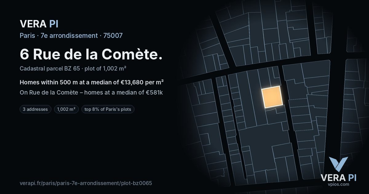 6 Rue de la Comète, 7e arrondissement at night – the plot lit, the parcels around coloured by the prices near them